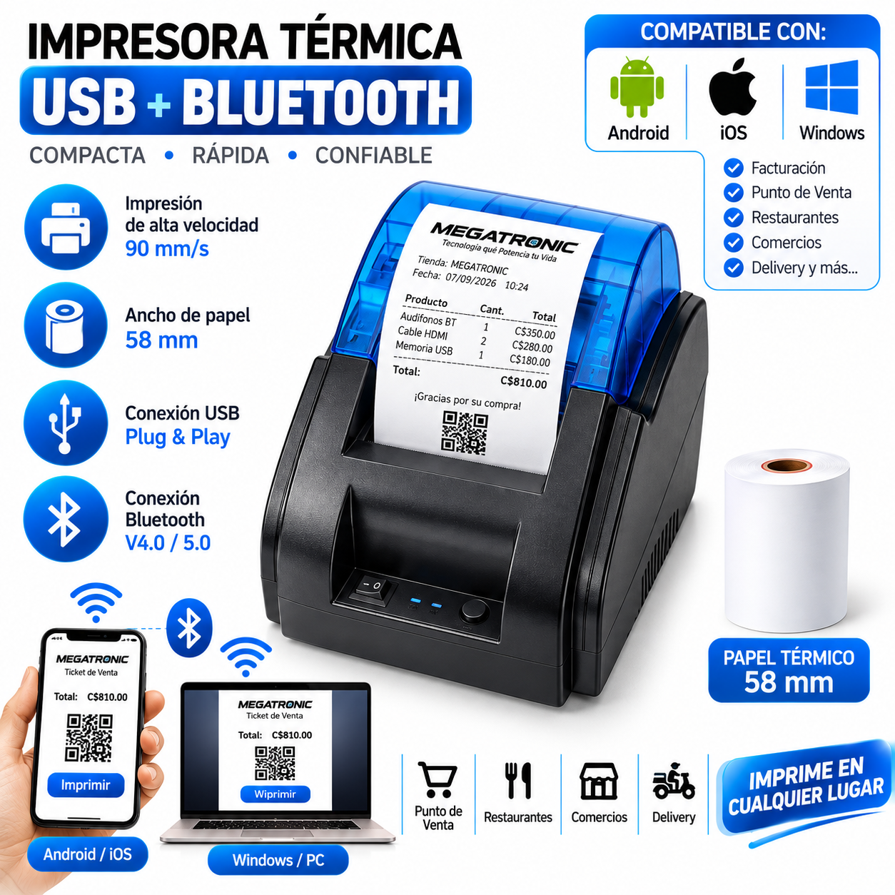 Impresora Térmica 58mm USB + Bluetooth para Punto de Venta POS-58D - Imagen 2