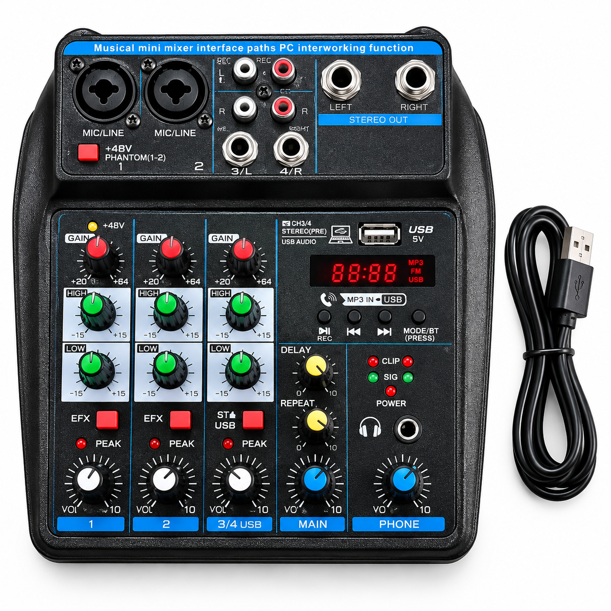 Mini Mezcladora de Audio 4 Canales USB + Bluetooth para PC y Amplificador
