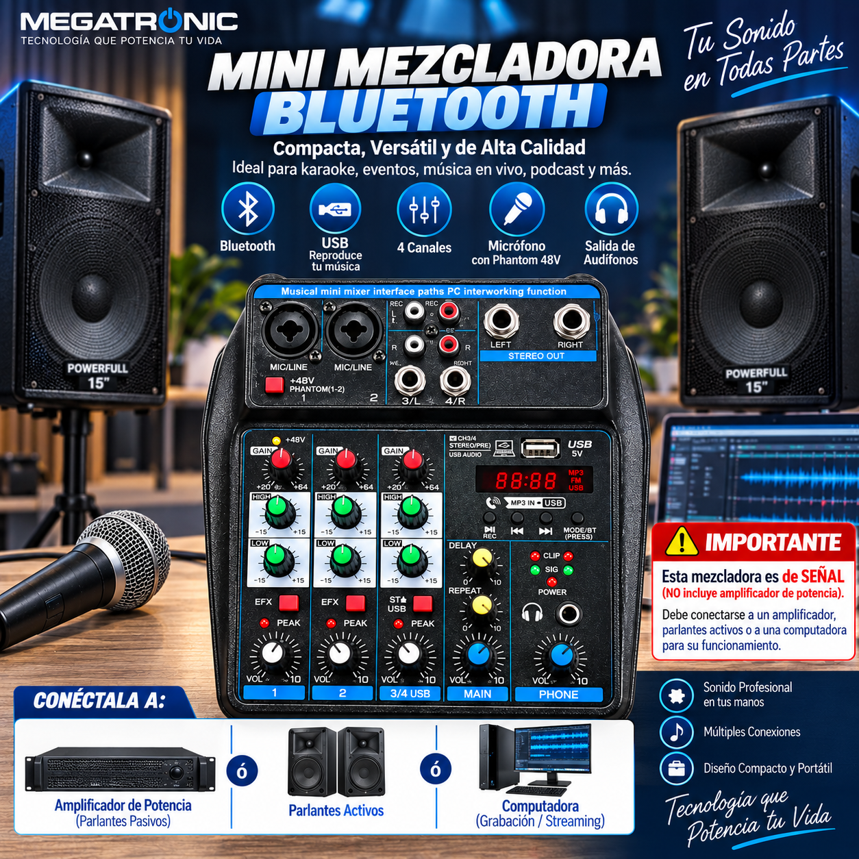 Mini Mezcladora de Audio 4 Canales USB + Bluetooth para PC y Amplificador - Imagen 5