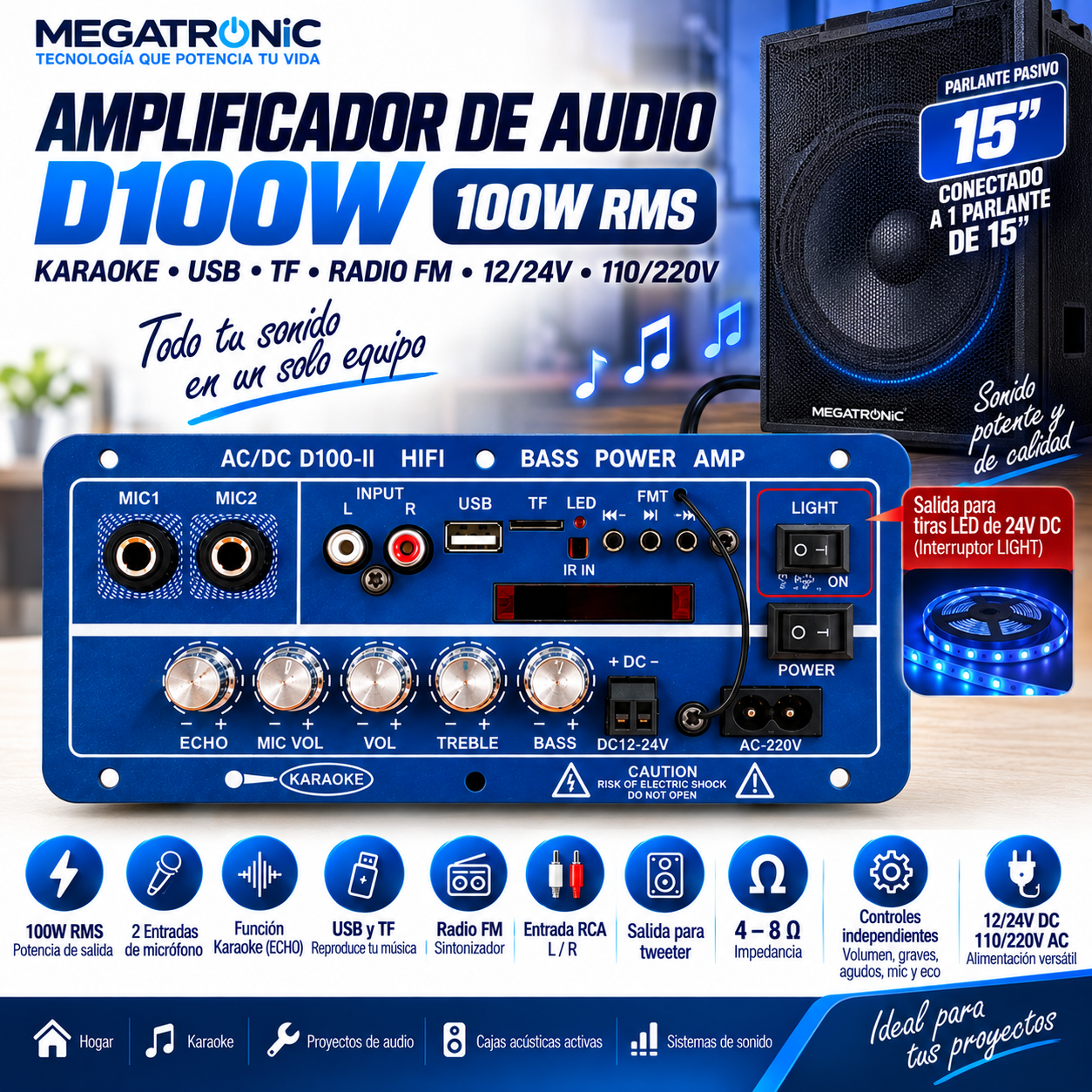 Amplificador D100W para Parlantes Pasivos - Imagen 3