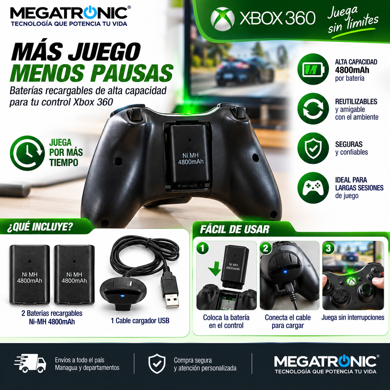 Kit de 2 Baterías Recargables 4800mAh + cargador para Controles Xbox 360 - Imagen 2