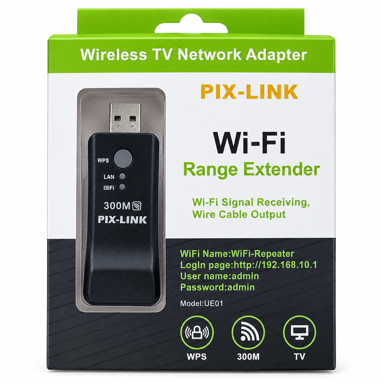 Repetidor WiFi PIX-LINK 300Mbps USB con LAN