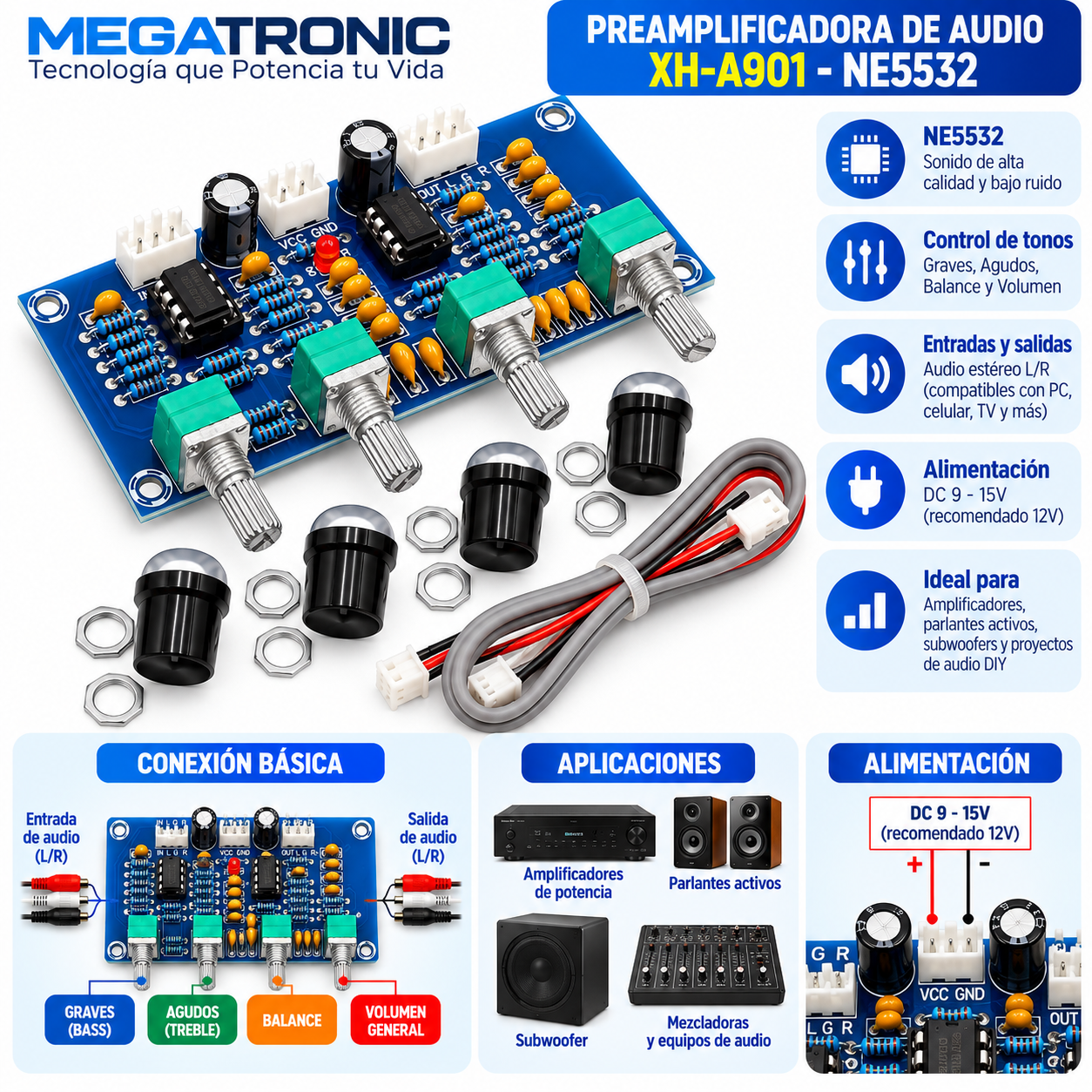 Módulo Preamplificador XH-A901 NE5532 9v–15v - Imagen 2