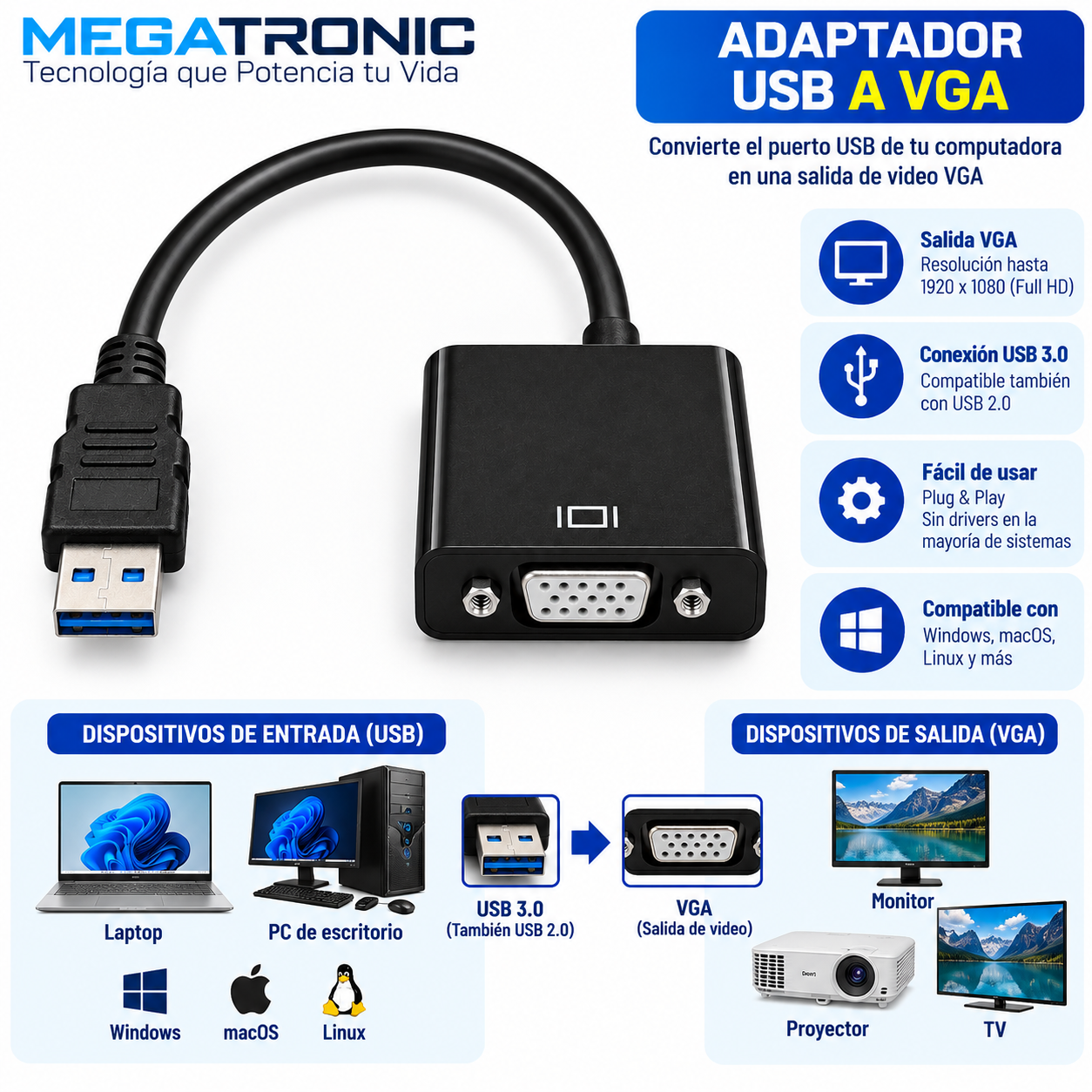 Adaptador USB 3.0 a VGA para Monitor y Proyector - Imagen 2