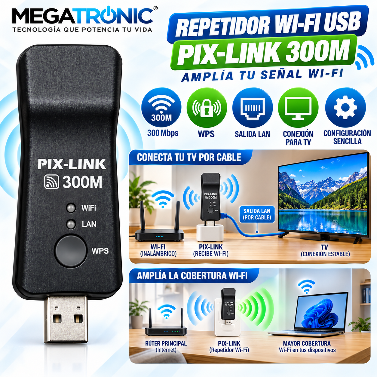 Repetidor WiFi PIX-LINK 300Mbps USB con LAN - Imagen 2