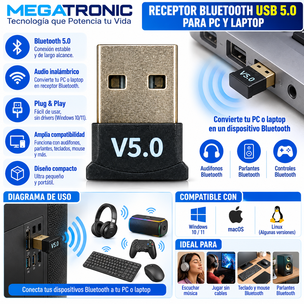 Receptor Bluetooth USB 5.0 para PC - Imagen 2