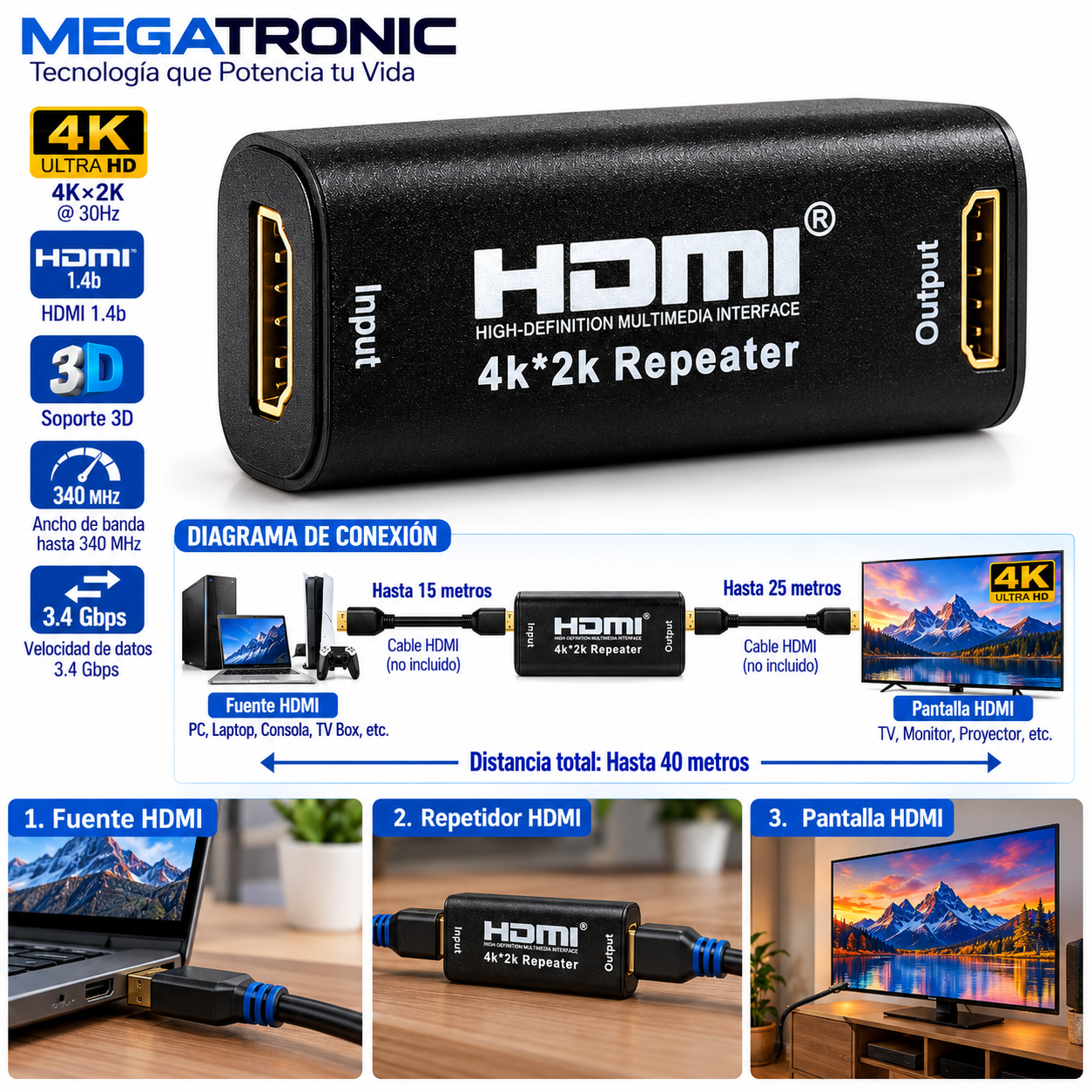 Repetidor HDMI 4K×2K hasta 40m - Imagen 3
