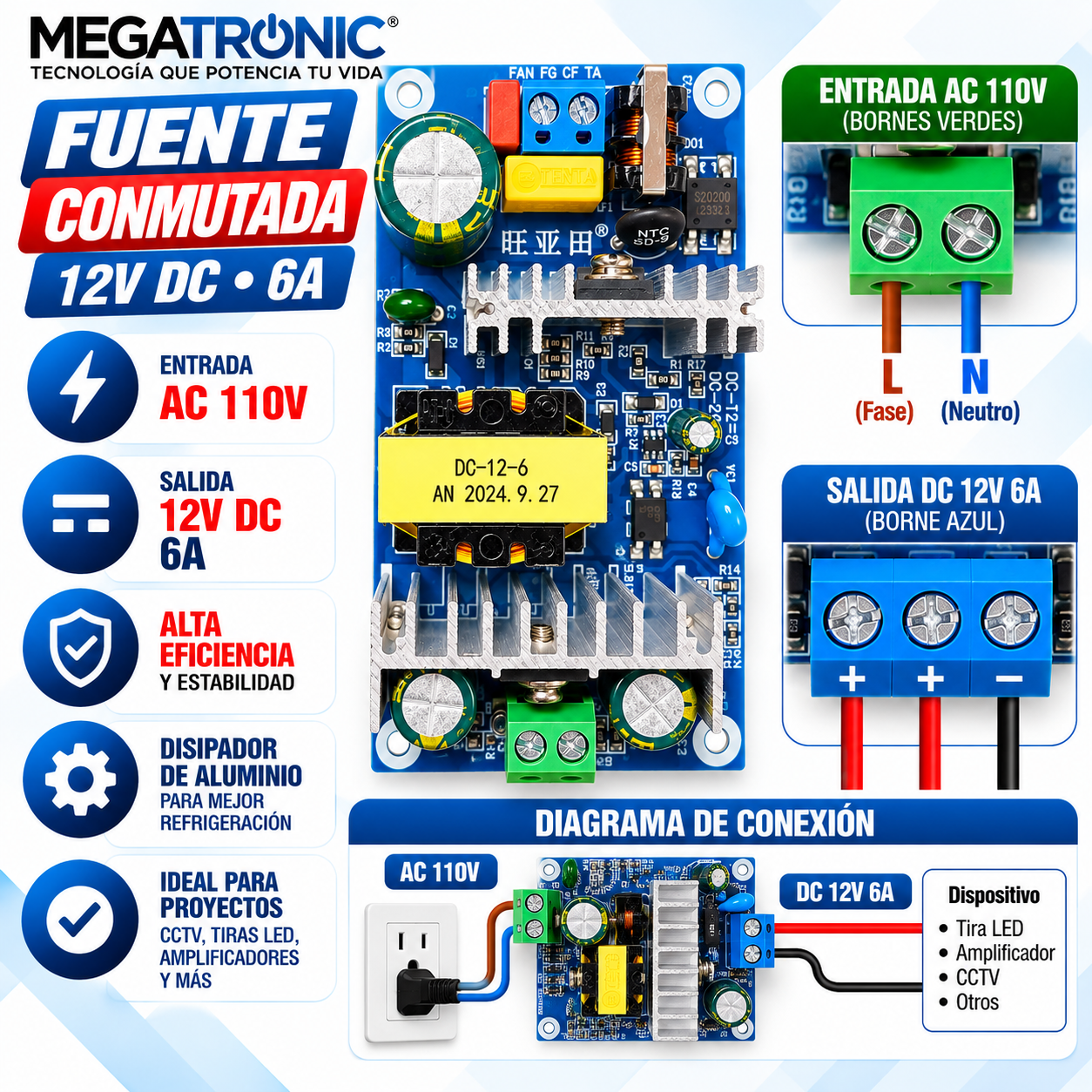 Fuente Conmutada para Amplificador AC-DC 12V-6A - Imagen 2