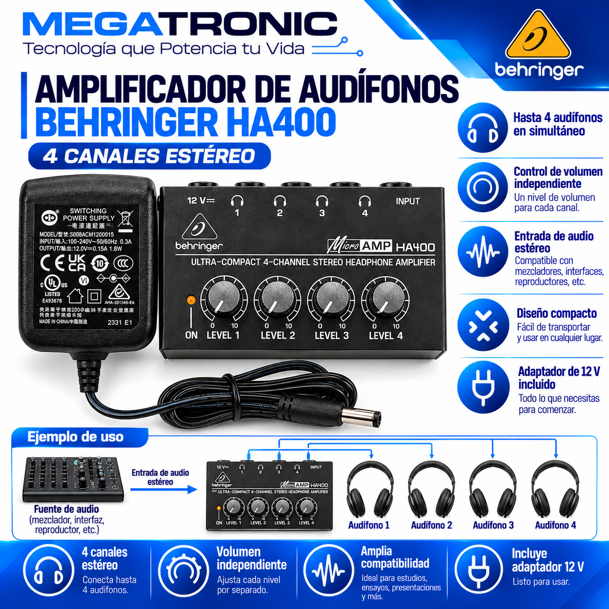 Amplificador de Audífonos Behringer HA400 4 Canales Estéreo - Imagen 3