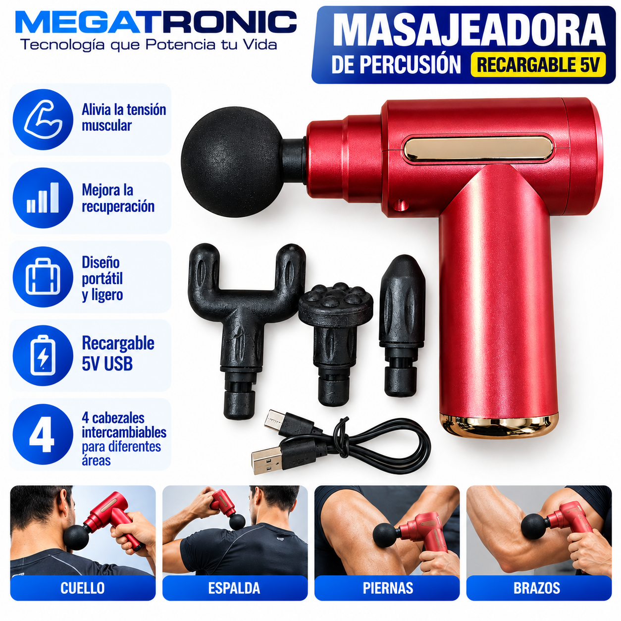Pistola Masajeadora Recargable 5V con 4 Cabezales - Imagen 2