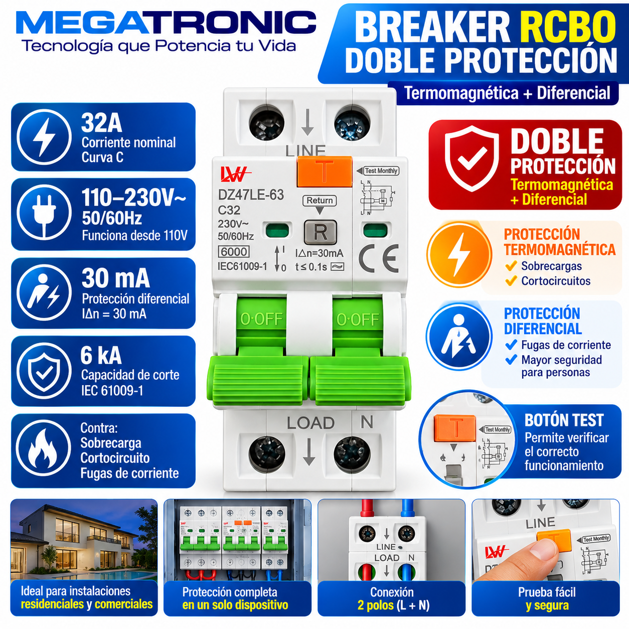 Breaker RCBO 32A 2 Polos 30mA Curva C 110–230V - Imagen 4