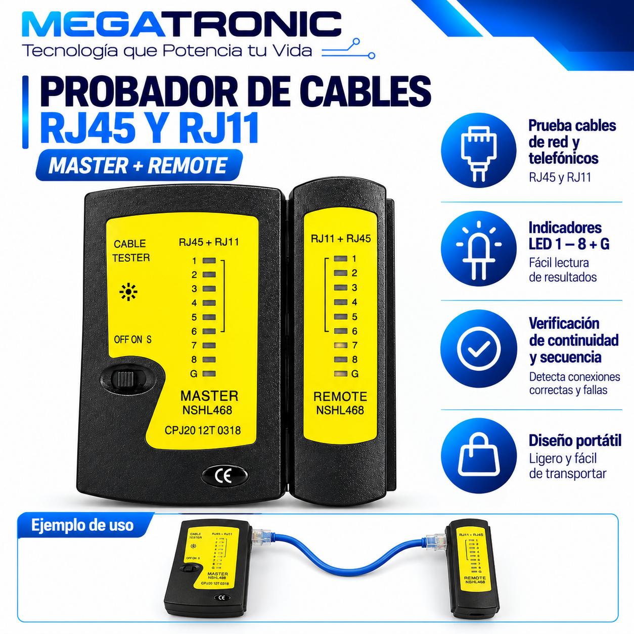 Probador de Cables de Red RJ45 y Telefónicos RJ11 NSHL-468 - Imagen 2
