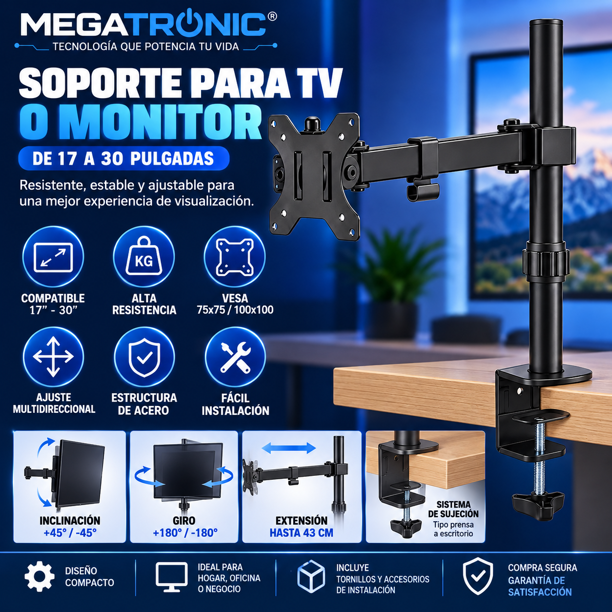 Soporte Articulado para Monitor y TV de 17" a 30" con Prensa de Escritorio - Imagen 3